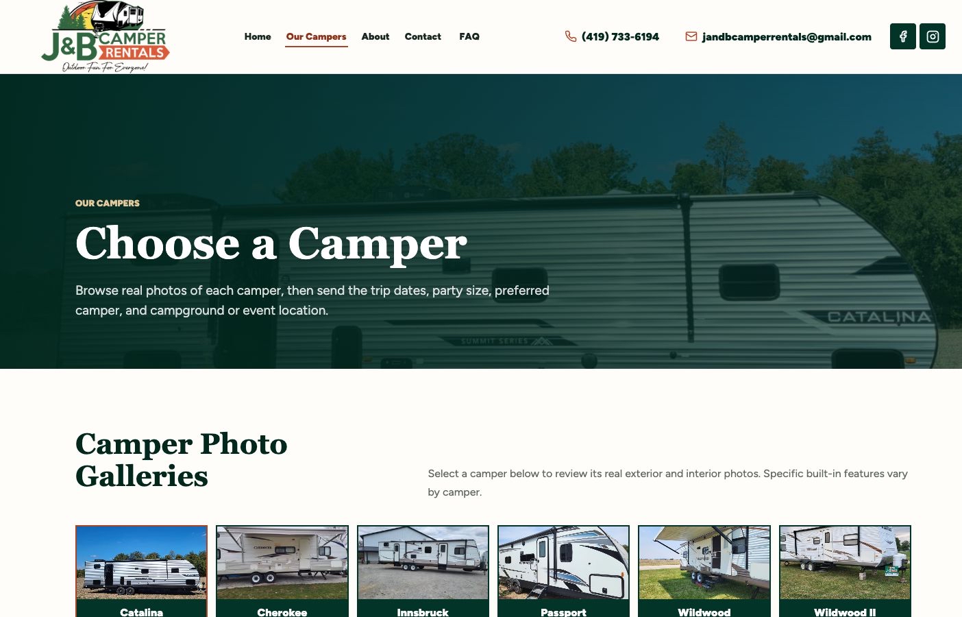 J&B Camper Rentals camper gallery showing the Catalina, Cherokee, Innsbruck, Passport, Wildwood, and Wildwood II rental options