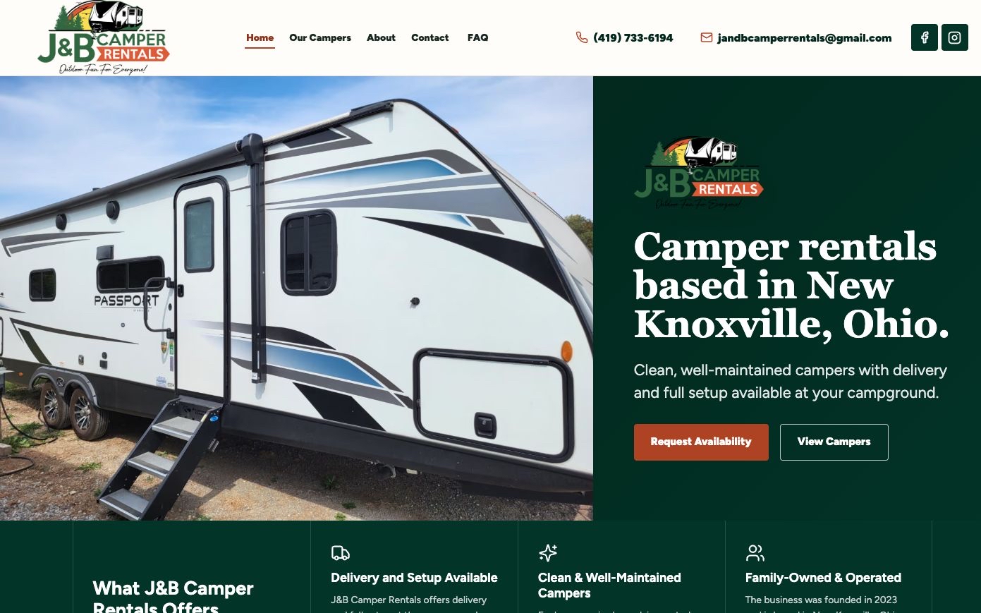 J&B Camper Rentals homepage showing a camper, New Knoxville location, contact details, and delivery and setup information