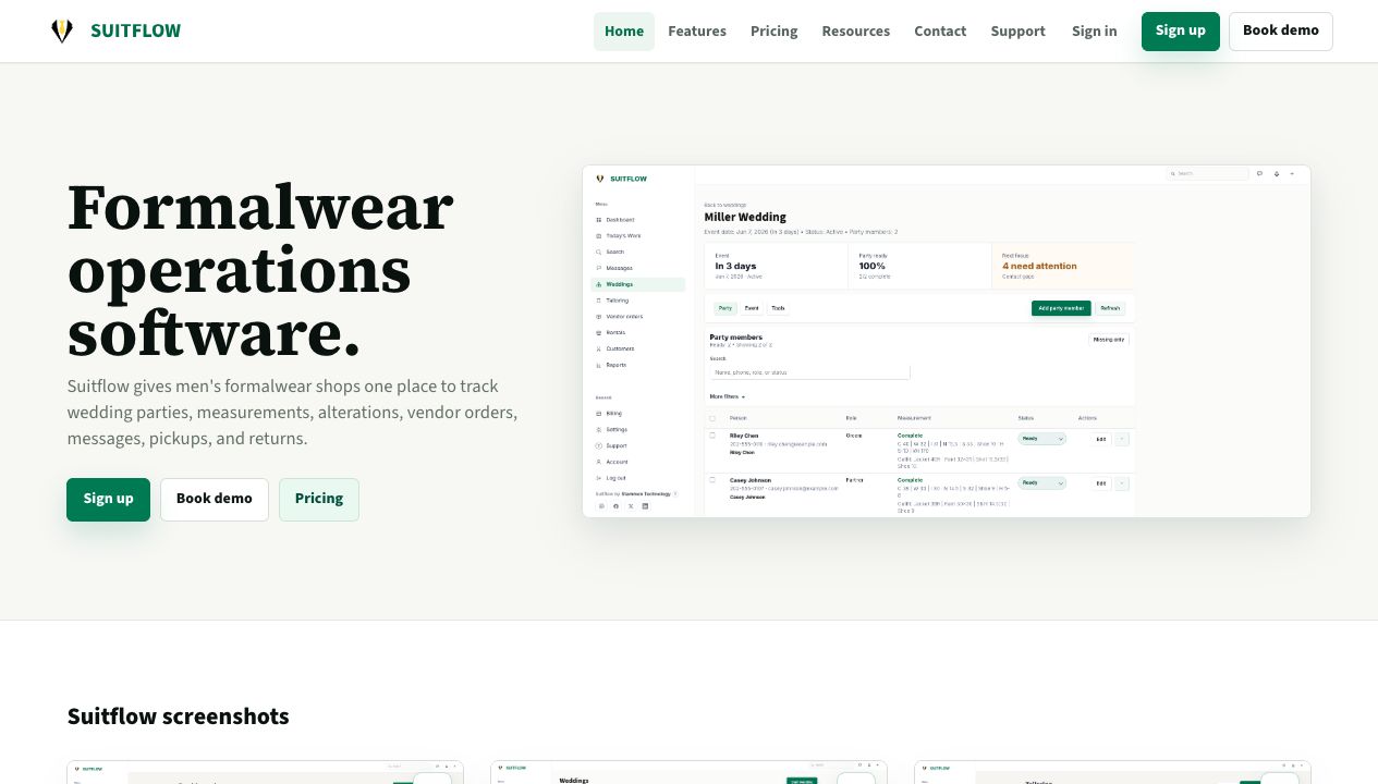 Suitflow website screenshot used as a first-party product example